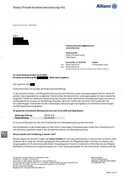 Musterbrief Beitragserhoehung Allianz 2025