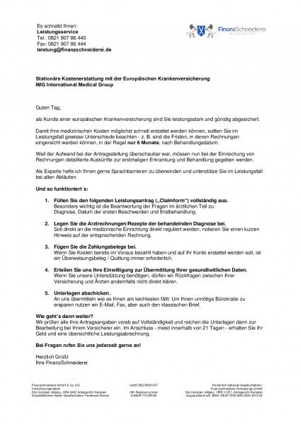 Antrag Stationäre Kostenerstattung