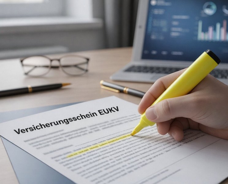 Person prüft EUKV Versicherungsschein auf wichtige Stellen für GKV Rückkehr