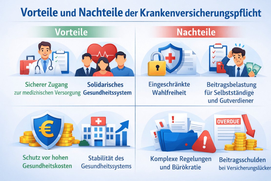 Infografik: Vorteile und Nachteile der Krankenversicherungspflicht in Deutschland im Überblick